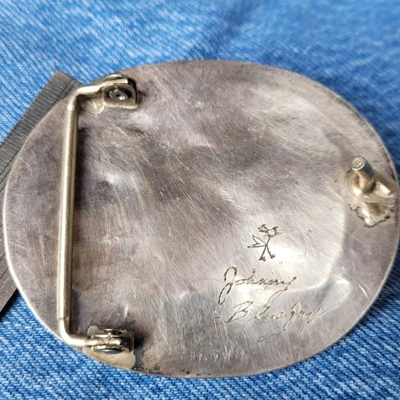 Sterling Silver and Turquoise Horse Head Belt Buckle by artist Johnny Blue Jay - Picture 2 of 4